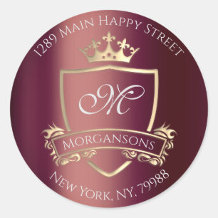 Monogram Return Address Crown Royal Burgundy Gold Classic Round Sticker
