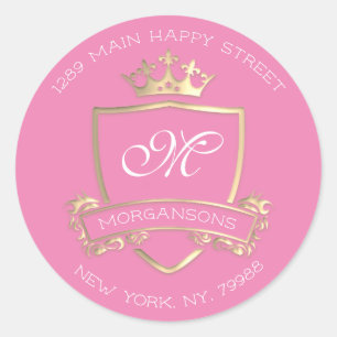 Monogram Return Address Crown Royal Gold Pink Rose Classic Round Sticker