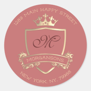 Monogram Return Address Crown Royal Gold Powder Classic Round Sticker