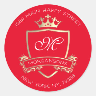 Monogram Return Address Crown Royal Gold Red Classic Round Sticker