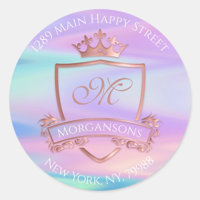Monogram Return Address Crown Royal Holographic Classic Round Sticker (Front)