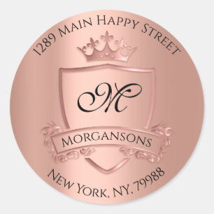 Monogram Return Address Crown Royal Rose Blush Classic Round Sticker