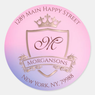 Monogram Return Address Crown Royal RSVP Pink Classic Round Sticker