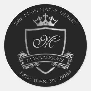 Monogram Return Address Crown Royal Silver Black Classic Round Sticker