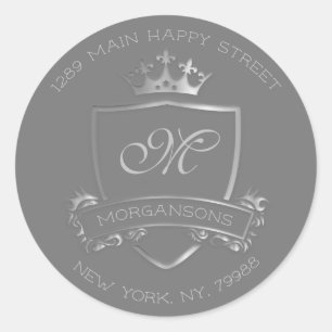 Monogram Return Address Crown Royal Silver Grey Classic Round Sticker