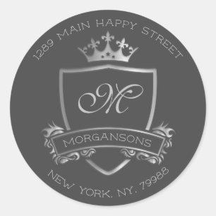 Monogram Return Address Crown Royal Silver VIP Classic Round Sticker