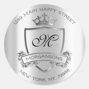 Monogram Return Address Crown Royal Silver Wedding Classic Round Sticker