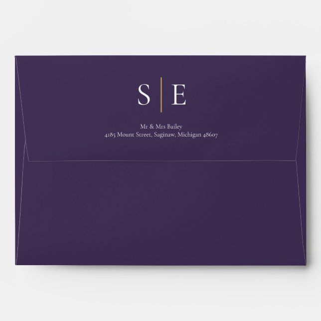 Monogram Return Address Purple And Gold Envelope (Back (Top Flap))