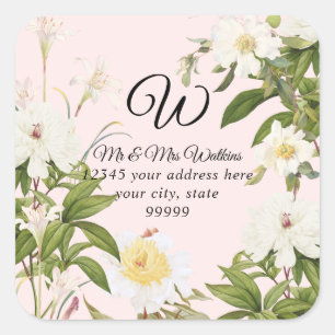 Monogram Return Label Pink Lily Rose Peony Floral