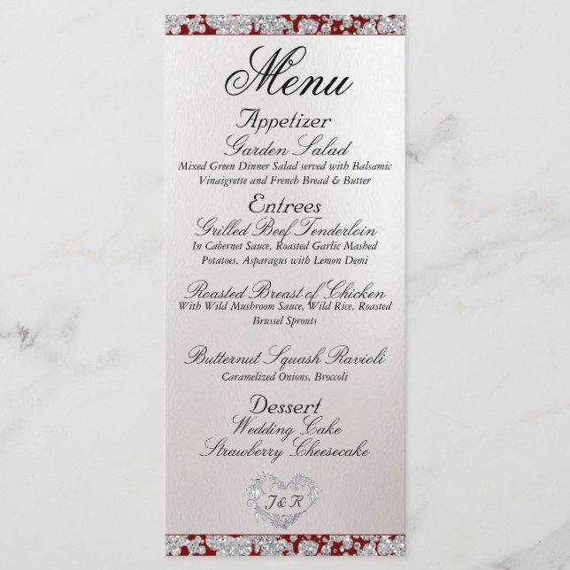 Monogram, Ribbon & Glitter - Red Wedding Menu (Front)