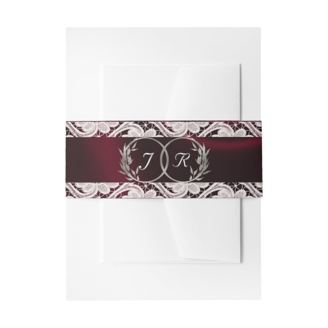 Monogram, Ribbon & Lace - Burgundy Invitation Belly Band (Front Example)