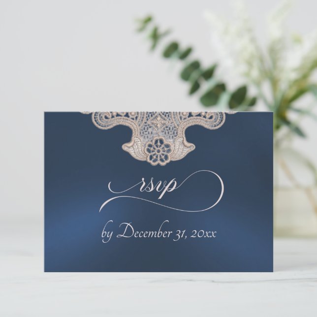 Monogram, Ribbon & Lace - Dark Blue RSVP Card (Standing Front)