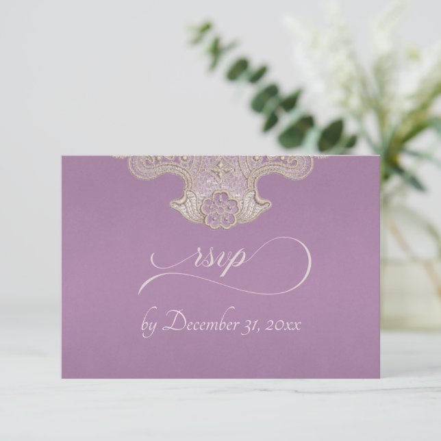 Monogram, Ribbon & Lace - Lavender RSVP Card (Standing Front)