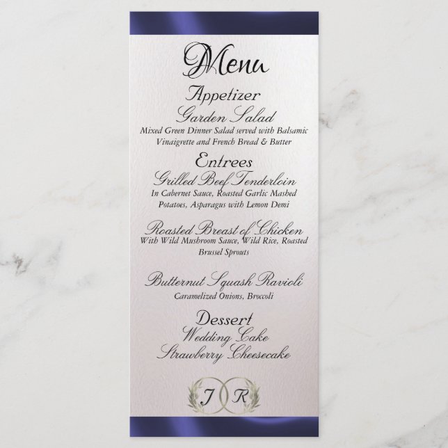 Monogram & Ribbon - Pearl White Wedding Menu (Front)