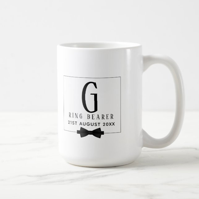 Monogram Ring Bearer Black White Bow Tie Groomsman Coffee Mug (Right)