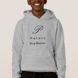Monogram Ring Bearers Youth Boys Hoodie<br><div class="desc">This pullover hoodie is shown in a grey colour with a Charcoal colour initial in script with last name in print along with "ring bearer" in print beneath it. Plain back, customise this item with your name and initial[s] by clicking on customise button, look to right and find appropriate boxes...</div>