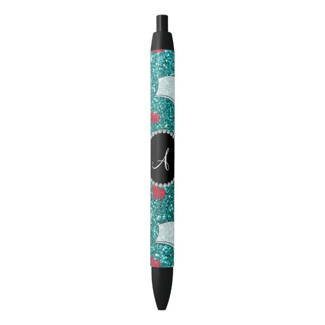 Monogram robin egg blue glitter nurse hats heart black ink pen (Front Vertical)