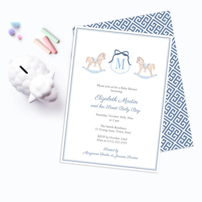 Monogram Rocking Horse Baby Shower For Boy Party Invitation (Preppy Navy Blue And White Watercolor Wooden Rocking Horse Baby Shower Invitation for boy)