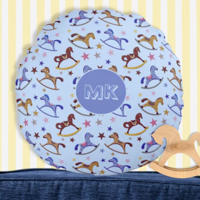 Monogram Rocking Horses and Stars Pattern Round Cushion (Creator Uploaded)