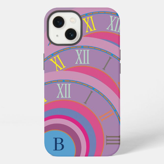 Monogram Roman Numerals Artsy Clock Dizzy Circles iPhone Case (Back)