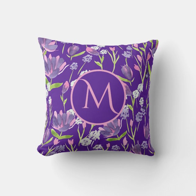 Monogram Romantic Purple Pink Feminine Floral  Cushion (Front)