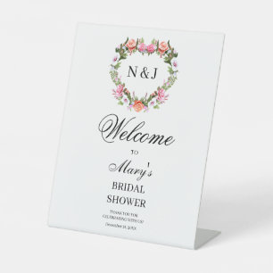 Monogram Romantic Rose Floral Heart  Bridal Shower Pedestal Sign