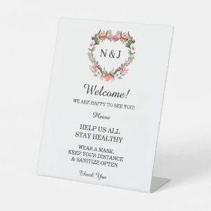 Monogram Romantic Rose Floral Heart Safety Measure Pedestal Sign
