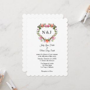 Monogram Romantic Roses Floral Heart Invitation