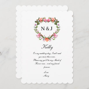 Monogram Romantic Roses Floral Heart Maid Of Honor Invitation