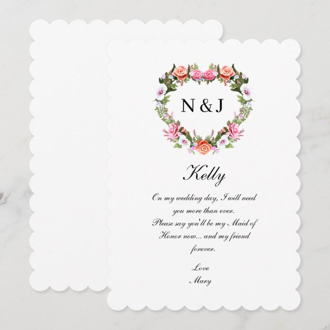 Monogram Romantic Roses Floral Heart Maid Of Honou Invitation (Front/Back)