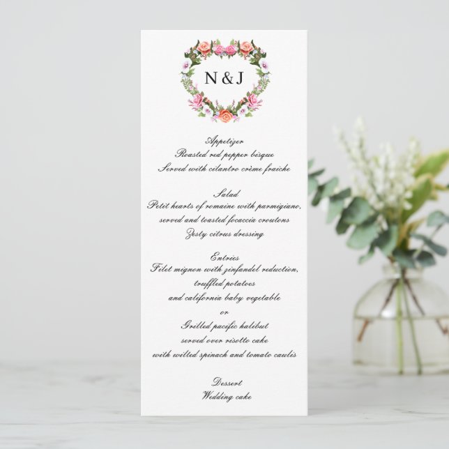 Monogram Romantic Roses Floral Heart Wedding Menu (Standing Front)