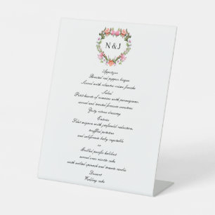 Monogram Romantic Roses Floral Heart Wedding Menu Pedestal Sign
