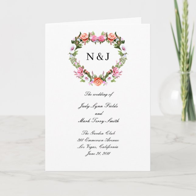 Monogram Romantic Roses Floral Heart Wedding  Programme (Front)
