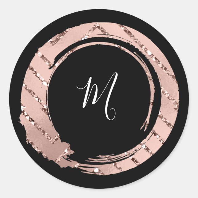 Monogram Rose Blush Frame Boutique Black VIP Classic Round Sticker (Front)
