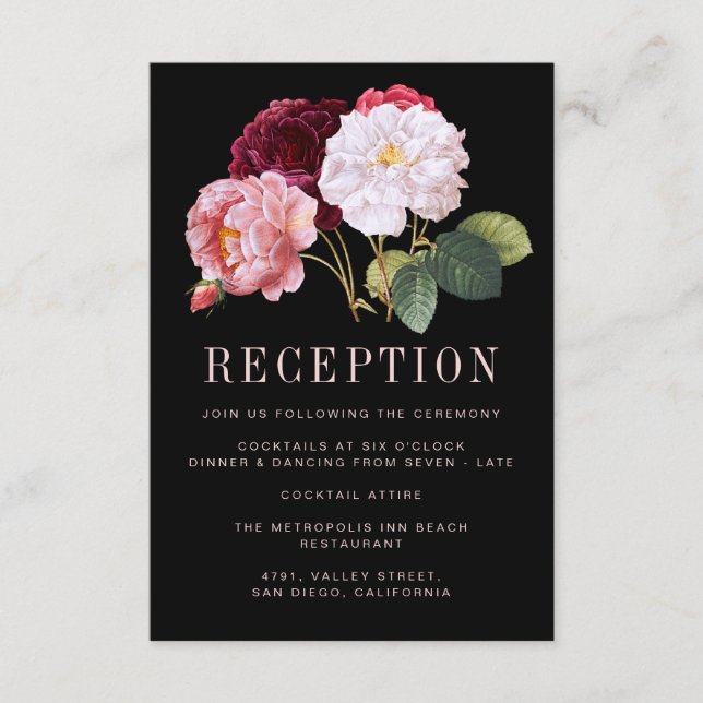 Monogram Rose Bouquet Elegant Black Reception Enclosure Card (Front)
