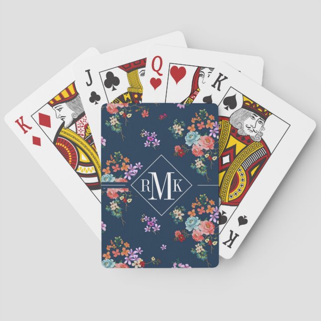Monogram | Rose Bouquet Floral Pattern Playing Cards (Back)