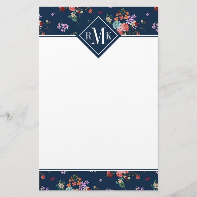 Monogram | Rose Bouquet Floral Pattern Stationery (Front)