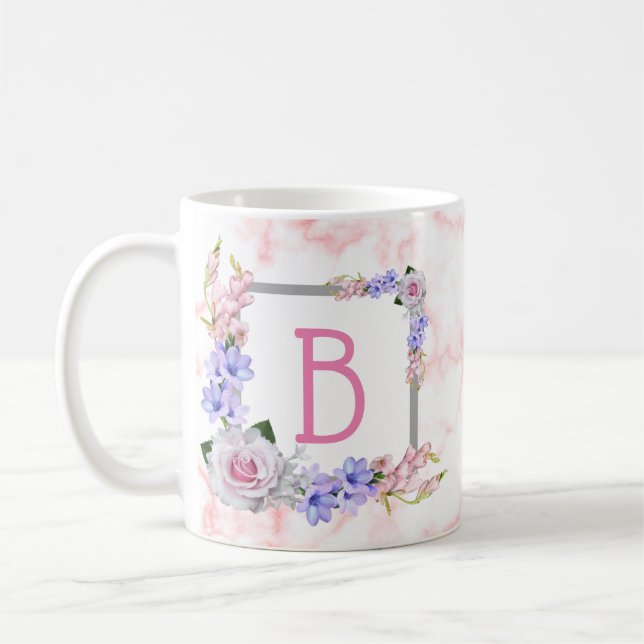 Monogram Rose Bouquet Pink Marble Coffee Mug (Left)