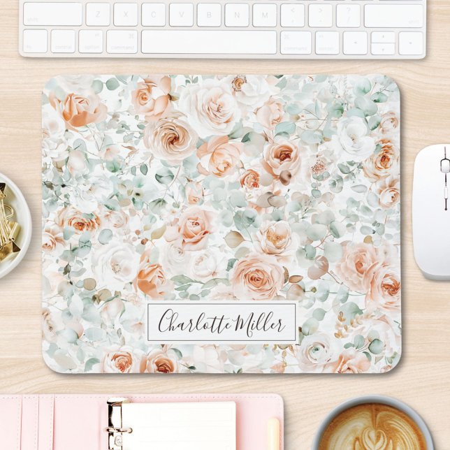 Monogram Rose Eucalyptus Leaves Greenery Floral Mouse Mat (In situ)