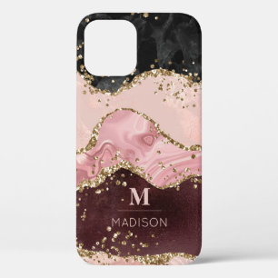 Monogram Rose Gold Agate Liquid & Glitter Gold iPhone 12 Case