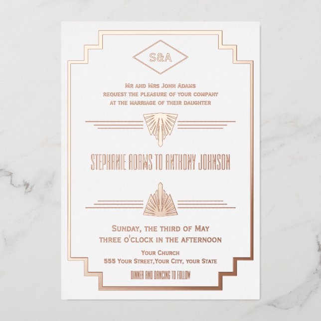 Monogram Rose Gold, and White Art Deco Wedding (Front)