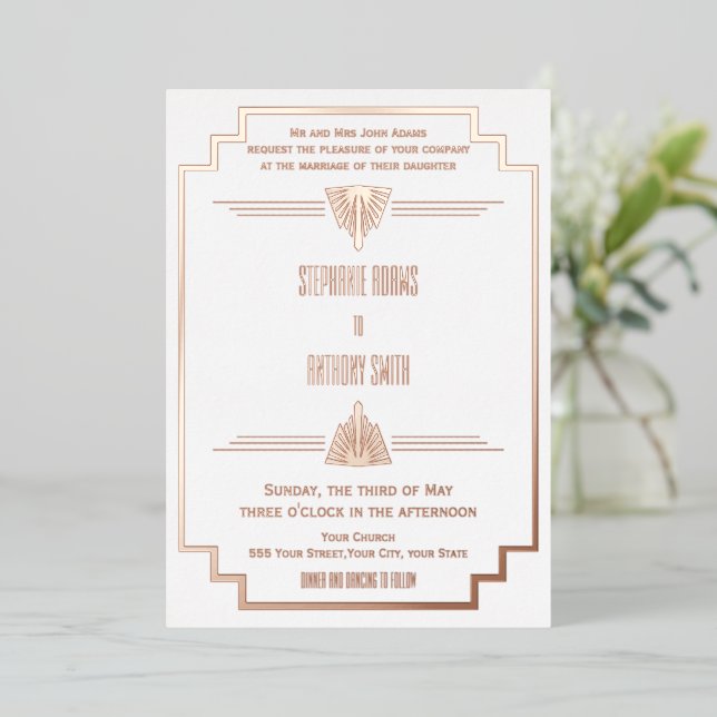 Monogram Rose Gold and White Art Deco Wedding Foil (Standing Front)