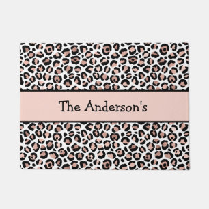 Monogram Rose Gold Black Leopard Print Trendy Doormat