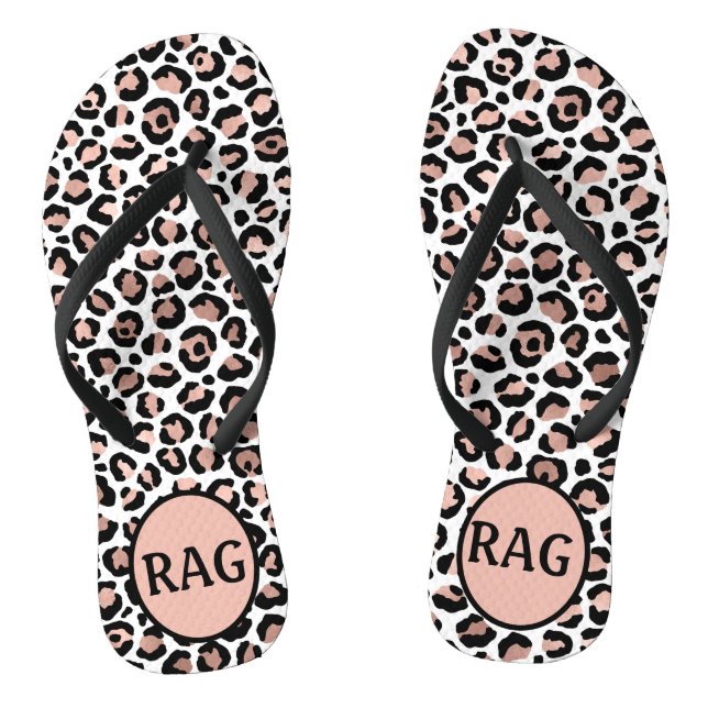 Monogram Rose Gold Black Leopard Print Trendy Flip Flops (Footbed)