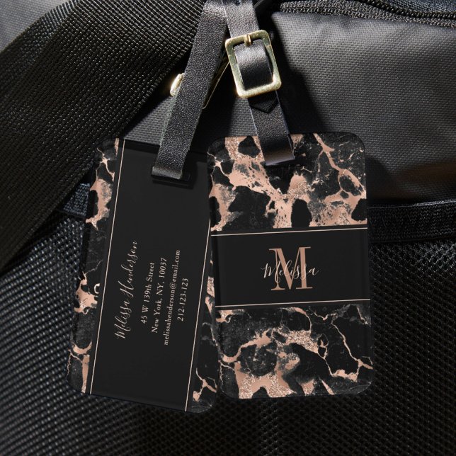 Monogram Rose Gold Black Marble Luggage Tag (Monogram Rose Gold Black Marble Luggage Tag)