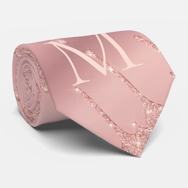 Monogram Rose Gold Blush Glitter Letter Neck Tie (Rolled)