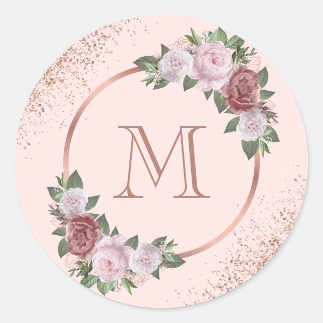 Monogram Rose Gold Blush Pink Floral Classic Round Sticker (Front)