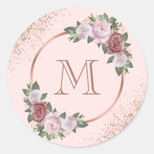 Monogram Rose Gold Blush Pink Floral Classic Round Sticker