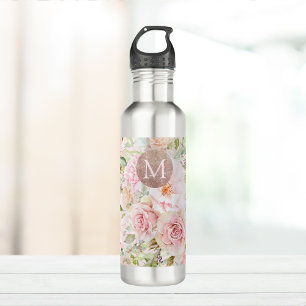 Monogram Rose Gold Blush Pink Watercolor Floral  710 Ml Water Bottle