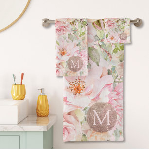 Monogram Rose Gold Blush Pink Watercolor Floral  Bath Towel Set